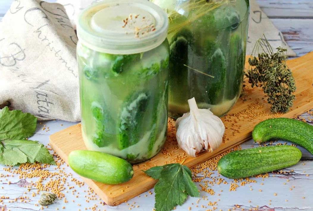 Cucumbers for the winter without vinegar with mustard under a nylon cap