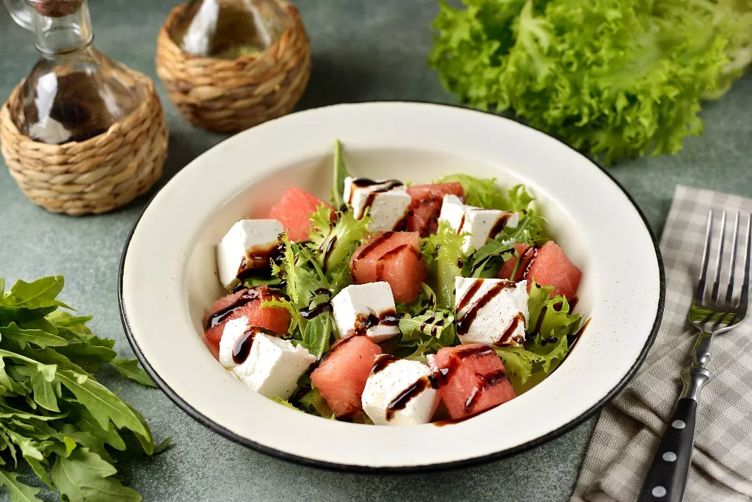 Watermelon salad with feta and rukola