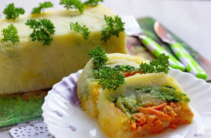 Potato and carrot casserole with broccoli