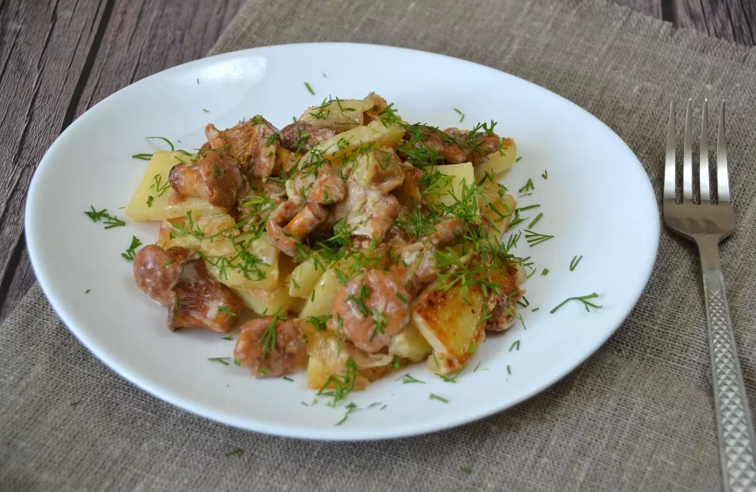 Chanterelles baked in sour cream with potatoes