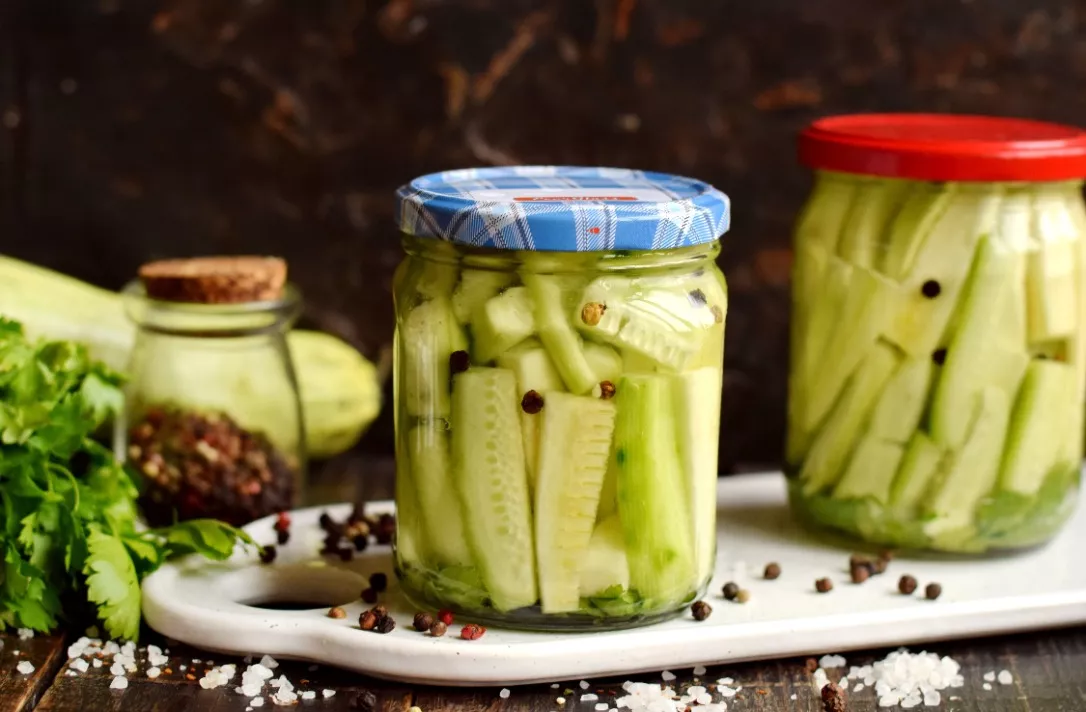 Pickled zucchini with cucumbers