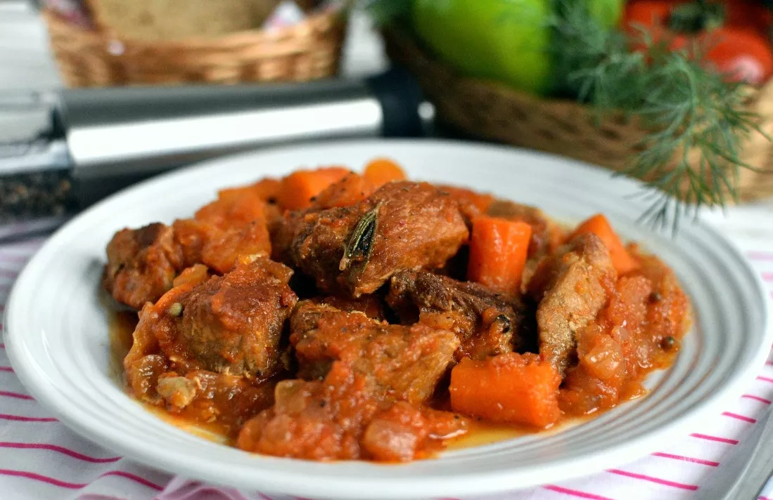 Meat stewed in a saucepan