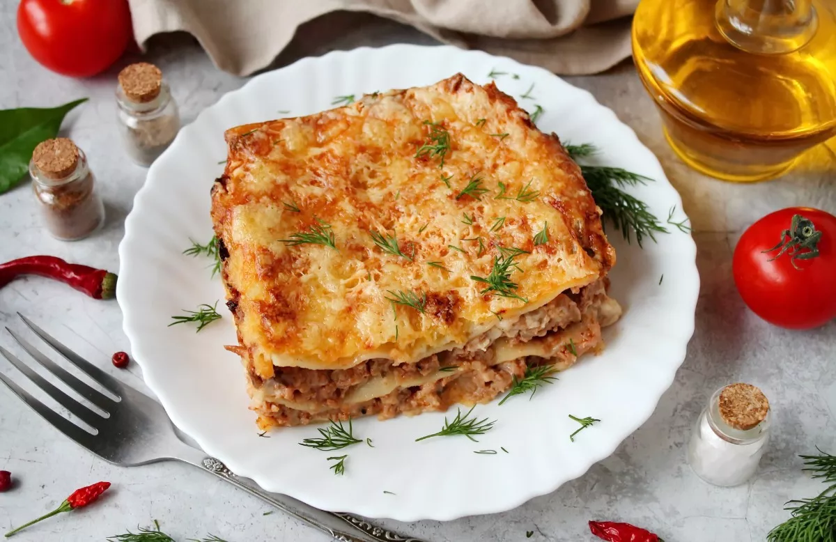 Meat lasagna with mushrooms and Bechamel sauce