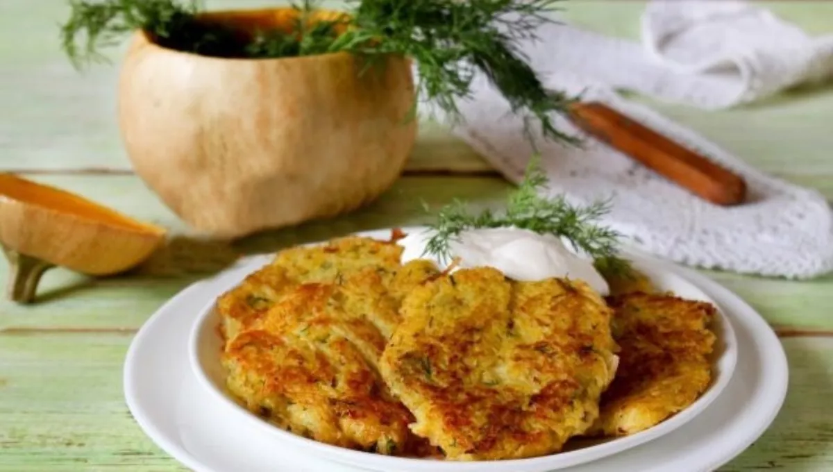 Pumpkin and potato pancakes with boiled eggs