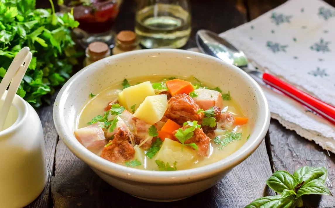 Soup with smoked meats and vermicelli