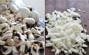 First, wash the mushrooms, dry and chop. Cut the onion into small cubes.