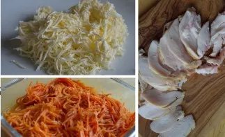 Prepare the filling. Grate the melted cheese on a fine grater, and cut the chicken into thin slices. Korean carrots can be used both purc...