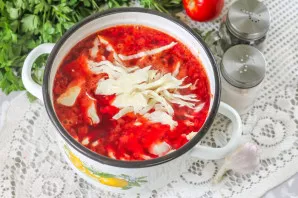 Chop the fresh cabbage and add to the pot almost immediately after the fried vegetables. Salt and add sugar. Cook for 3-5 minutes until t...