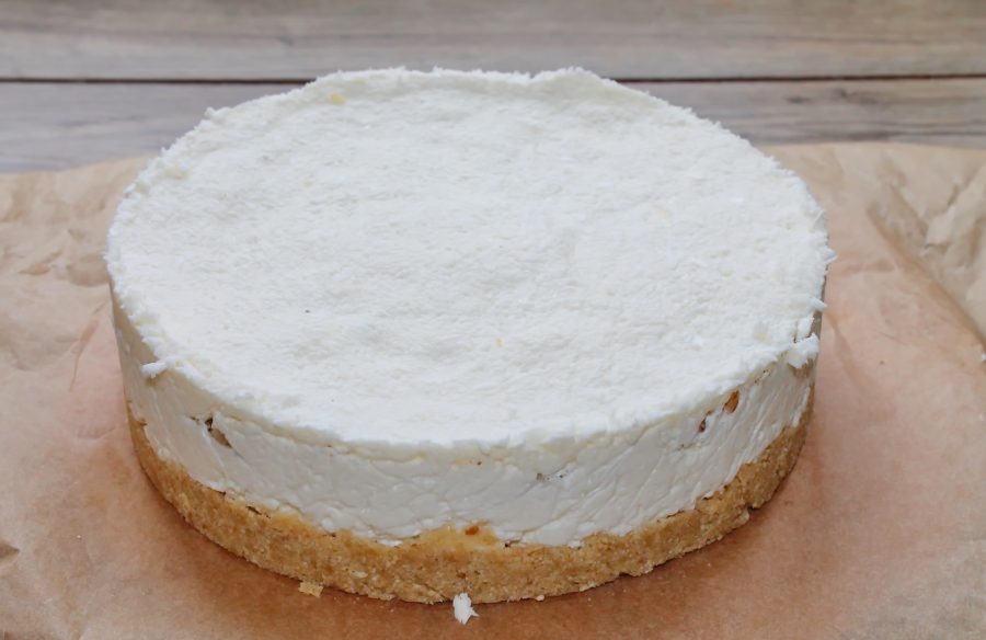 Remove the ring and foil from the cheesecake.
