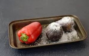 Bake beets and bell peppers in an oven at 200 degrees. Peppers about 35-40 minutes, beets for about an hour. Cool the beets, peel and cut...