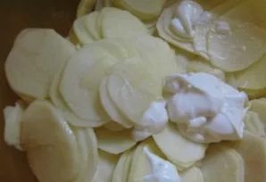 Cut the onion into rings and the potatoes into slices. Now the potatoes need to be lightly salted and mixed with one tablespoon of mayonn...