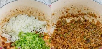 In the meantime, put chopped onion and celery in a saucepan. Fry for a few minutes, stirring.