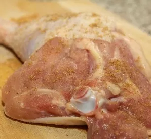 Rub each quarter generously with salt on all sides, then sprinkle with spices.