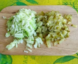 We also cut pickled and fresh cucumbers into cubes.
