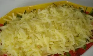 Pour a little mayonnaise into a rectangular salad bowl (distributing the surface), put a layer of grated potatoes cooked on a coarse grat...