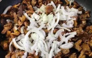 When the liquid evaporates, add the onion cut into half rings to the mushrooms. Salt and pepper to taste. Fry the onion until golden.