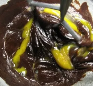 Add sugar, salt, eggs and cocoa powder to the cooled chocolate. Beat until smooth.