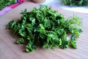 Rinse all the greens, dry a little and chop.