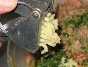 We grind greens and garlic into the mince.