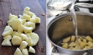 At this time, peel and cut into cubes the potatoes. Put them in a saucepan with water and bring to a boil. Add salt to taste and cook ove...