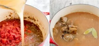 Add tomatoes (canned in their own juice or fresh, chopped without peel), pour broth and water. Put the meat back together. Bring to a boi...