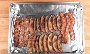 10 minutes before the potatoes are ready, add bacon to them.