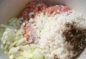 Finely chop one onion. Mix with minced meat, rice, paprika, pepper, salt and a little water. Water is needed so that the mince is not too...