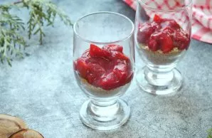 Remove the stems from the strawberries. Crush half of the berries with a blender along with sugar, cut the other half into cubes. Mix pur...