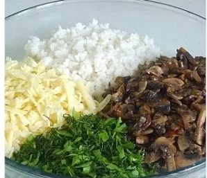Grate the cheese on a medium grater, finely chop the greens. Put the cheese, herbs, rice and mushrooms in a bowl.