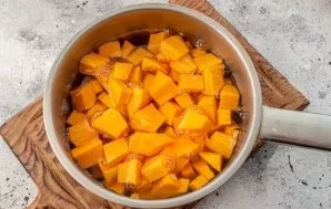 Pour water, bring to a boil and cook until the pumpkin is tender. Cooking time depends on the type of pumpkin, I cooked for 15 minutes