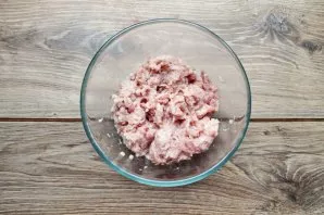 Salt the mince and rice, pepper, add chopped garlic and mix.