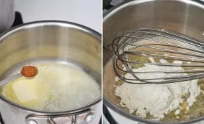 In a separate saucepan or pan, melt the butter, add nutmeg for taste. Add flour, mix well so that no lumps form.