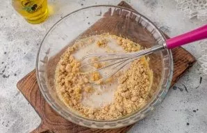 After the time has elapsed, add almond flour and pour almond milk. Stir. You can adjust the dough to your taste, thicker or more liquid. ...