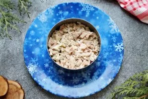 Remove bones and skin from the chicken. Finely chop the meat. Put the chicken on the cucumbers, press down and apply a mayonnaise mesh.