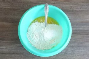 Add flour, add baking powder and salt.