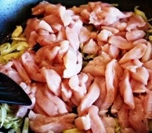 Now put the chicken fillet cut into small pieces in a pan.