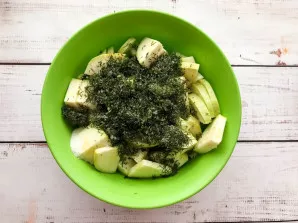 Add finely chopped greens.