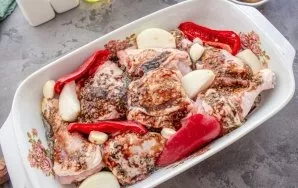 Wash the sweet pepper, remove the seeds and cut into slices, the onion into large slices, peel the garlic. Lay out the prepared vegetable...