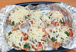 Sprinkle the meat with chopped dill and grated cheese. Cover the meat with foil and place in an oven preheated to 200 degrees for 30 minu...