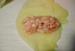 Put a little mince on a cabbage leaf, roll it into a tube and fold the edges inward.