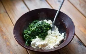 Put cottage cheese in a bowl and crush with a fork, add fried spinach and salt.