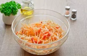 Add a pinch of salt and pepper to the salad, add a pinch of sugar if desired. Crush cabbage, carrots and bell peppers with your hands. Se...