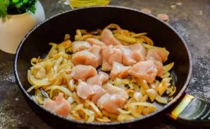 Put the chicken in a pan with onions.