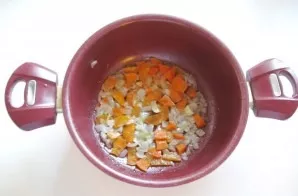 Pour refined sunflower oil into a saucepan and fry the vegetables, stirring for 10 minutes over medium heat. You can pour a little broth ...