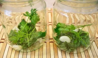 When the sterilization is finished, put horseradish leaves, parsley and garlic in the jars (I have 2 jars of 1/2 liter).