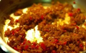 Add ground cumin, pepper, salt, chopped garlic and saut a little.