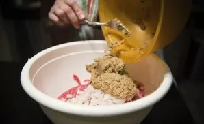 Mix the mince with chopped onion and pour the resulting mixture.