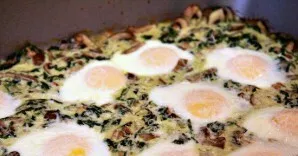 Pour the mixture into a large baking sheet and make 6 wells. Break an egg into each well and fry until the proteins stiffen, but the yolk...