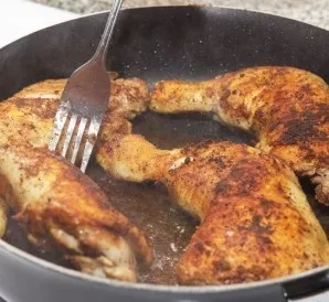 Chicken quarters should be fried for a total of 12 minutes, turning every 2 minutes. Cook on medium heat under the lid. If it starts to b...