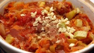 At the very end, put fried carrots and greens with onions and garlic. Let the simmer on the turned off stove for 10-15 minutes. Delicious.